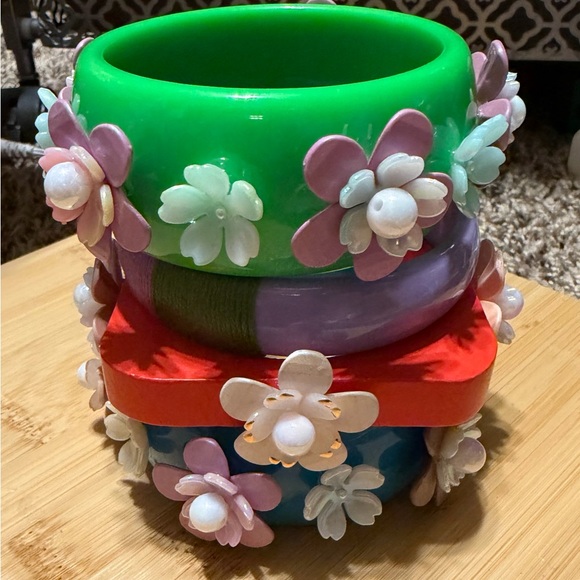 Dead stock upcycled Floral Bead Bangle 4 Bracelets Green Purple Red Blue